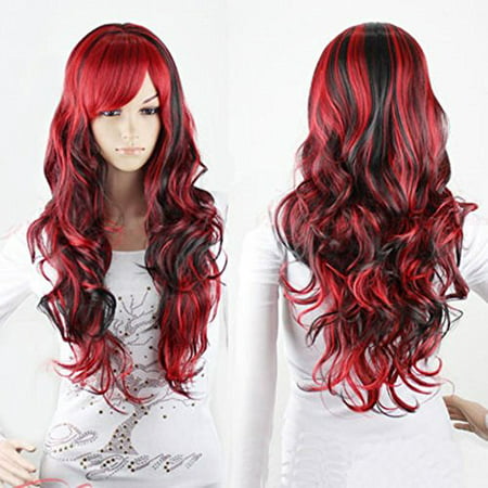 Wig for Women Synthetic Hair Heat Resistant Lolita Style Curly Red & Black 27.5