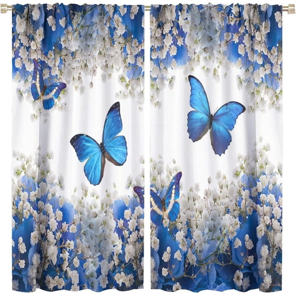 Butterfly Curtains Beautiful Romantic Blue Butterfly White Flowers Rod Pocket Blackout Window Drapes for Girls Women Bedroom Living Room Bathroom Decoration 2 Panels 42x54in