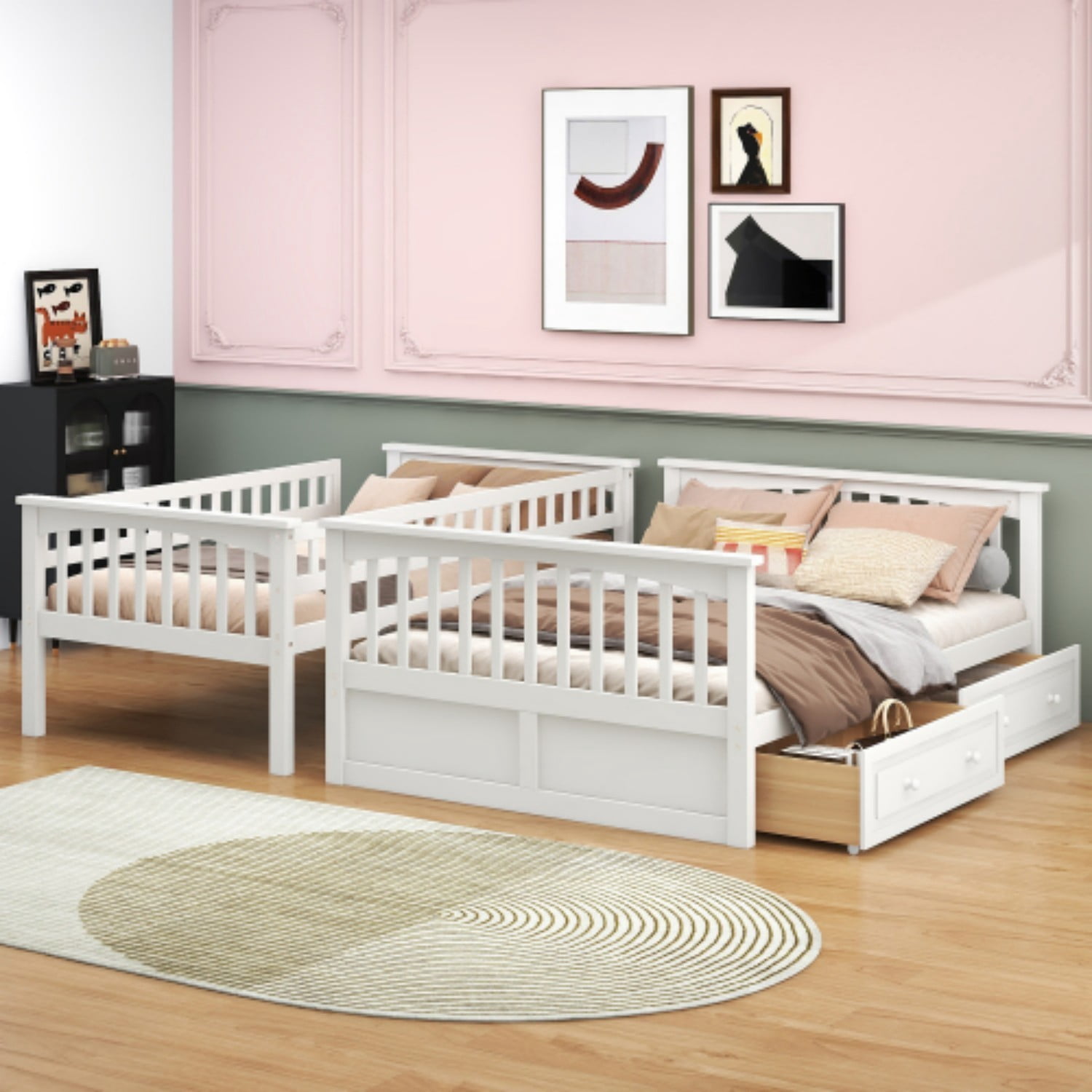 Twin Over Full Bunk Bed with Storage Drawers, Convertible Wood Bunk Bed Frame with Safety Guardrails, Solid Pine Wood Kids Bed for Bedroom, White