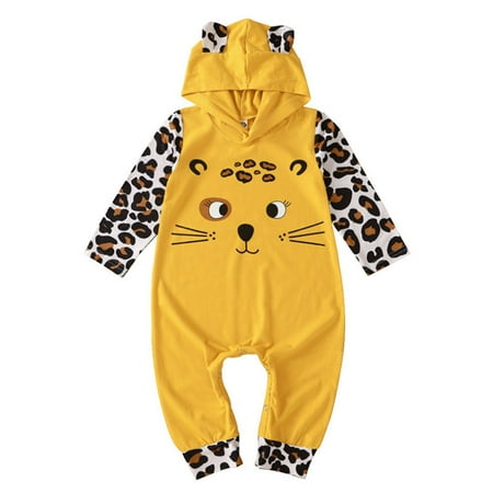 

Infant Baby Spring and Autumn Long Sleeve Pants Bodysuit Cute Cartoon Tiger Print Leopard Splicing Hooded Bodysuit Creeper