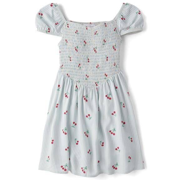 The Children's Place Girls Short Sleeve Striped Cherry Smocked V-Waist Dress, Sizes XS-XXL