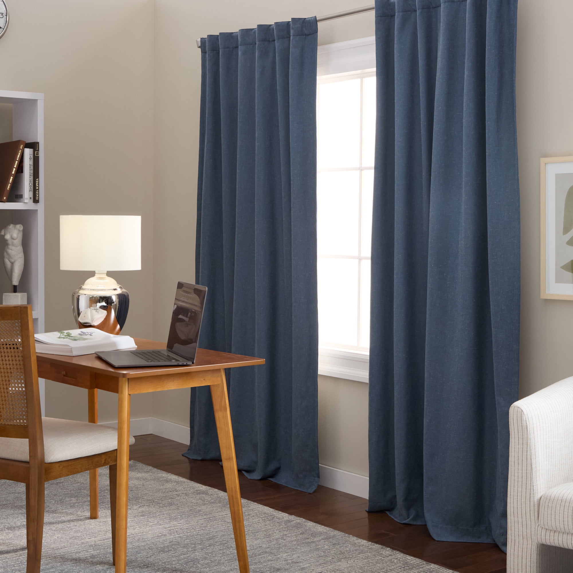 TOWN & COUNTRY LUXE Davos Solid Linen Texture Indoor Curtains, 100% Blackout with Energy Efficient Lining, Back Tab/Rod Pocket Top, 2-Pack Set, Navy Blue, 50"x84"
