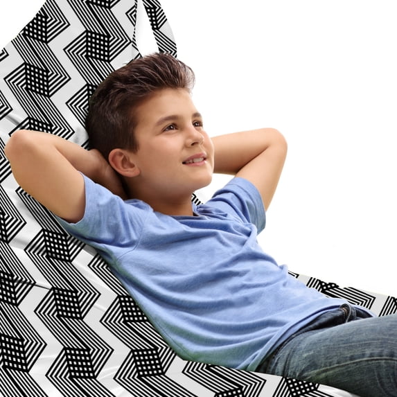 Geometric Lounger Chair Bag, Abstract Contemporary Design with Cage Look Squares and Zigzag Stripes, High Capacity Storage with Handle Container, Lounger Size, Charcoal Grey White, by Ambesonne