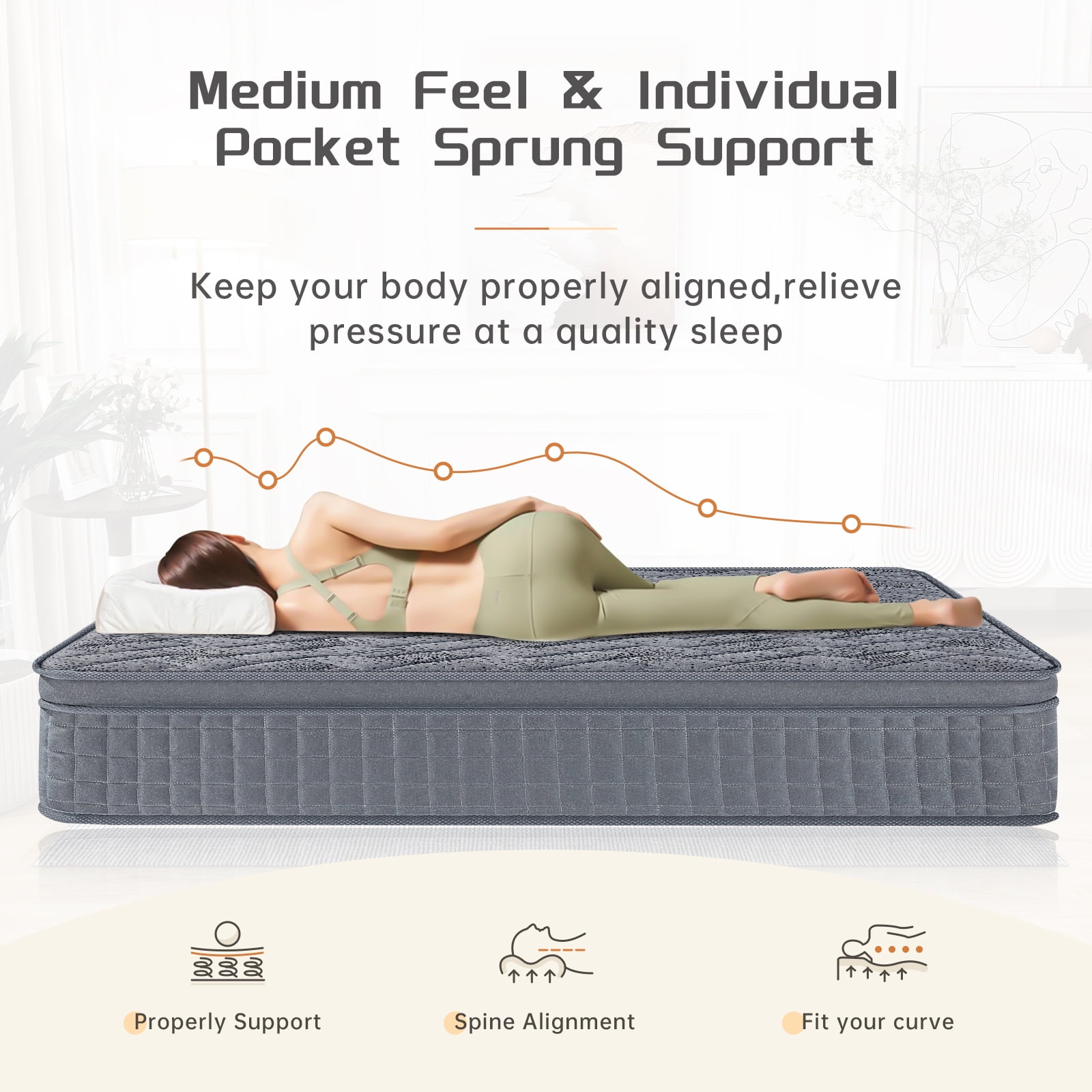 Twin Mattress, 12 Inch Hybrid Mattresses Grey, Euro Top Mattress Medium Firm for Back & Lumbar Support, Individual Pocket Spring Bed for Motion Isolation & Pressure Relief