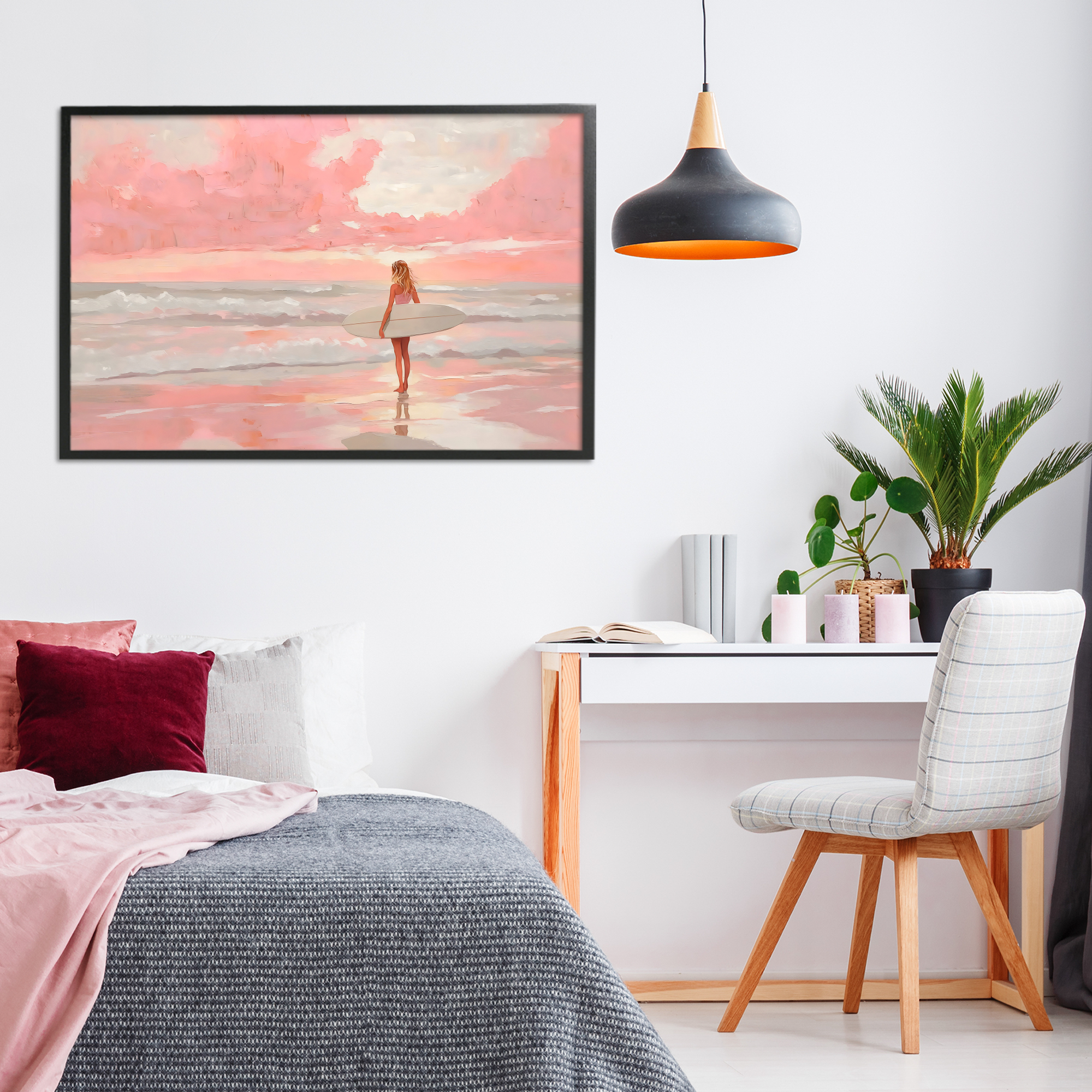 Pink Sky Surfer Black Framed Giclee Art, design by LSR Design Studio