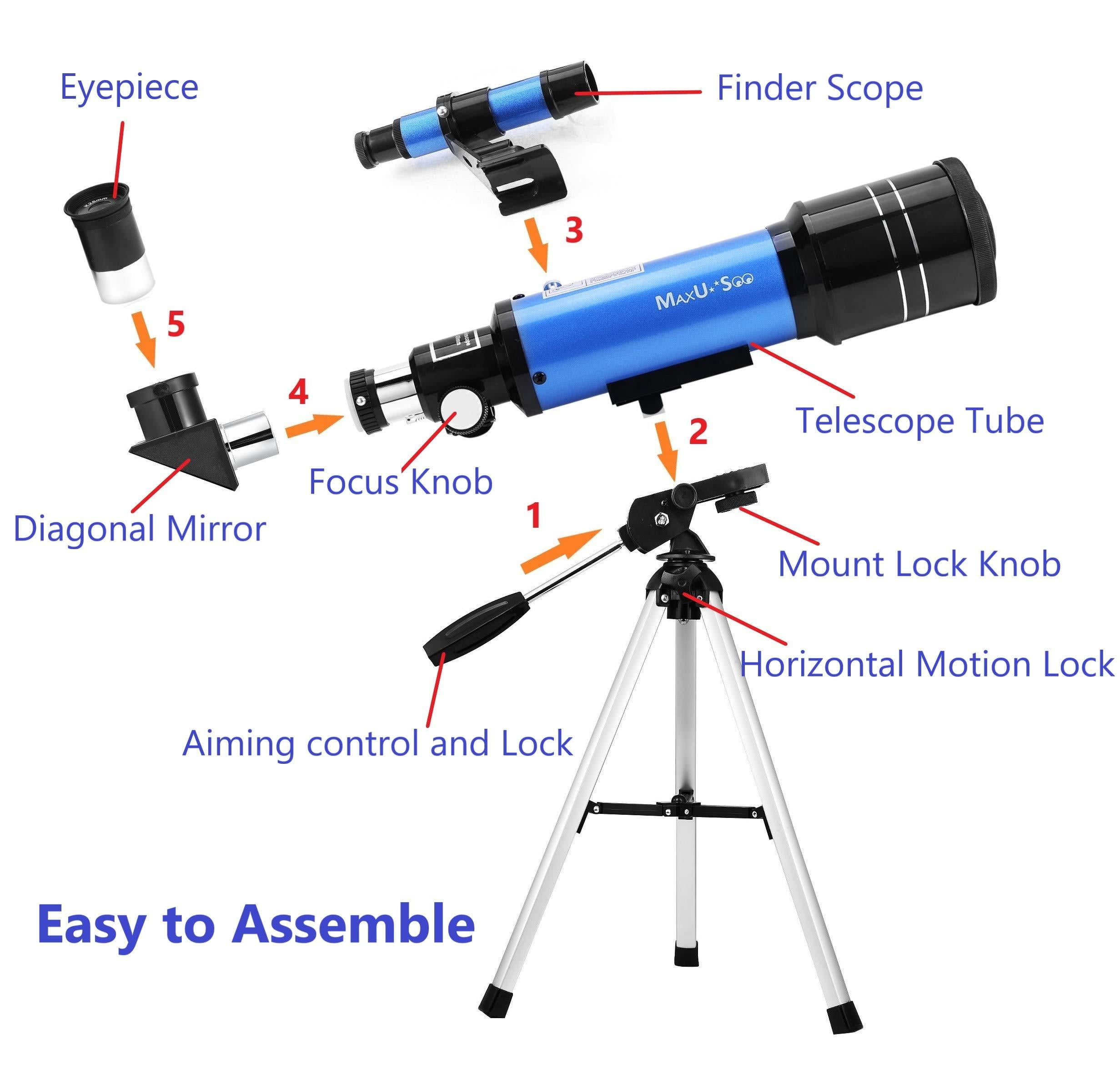 70mm Aperture 400mm Astronomical Refractor Portable Travel Scope with Backpack Red-dot Finder Scope Tripod and Phone Adapter Upgrade Telescope for Kids Beginners Adults Baader Solar Filters 