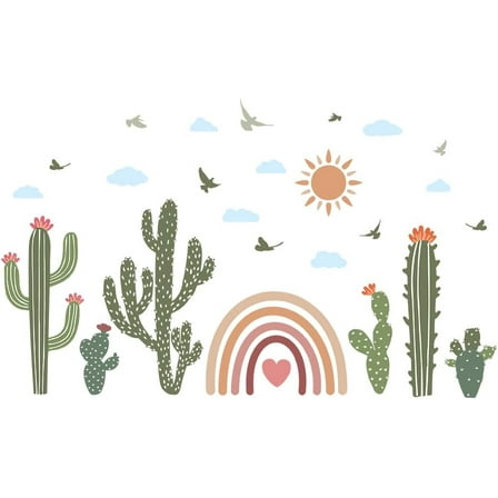 Boho Cactus Wall Decals Rainbow Birds Large Wall Sticker DIY Peel and Stick Removable Murals Stickers for Nursery Room Decor