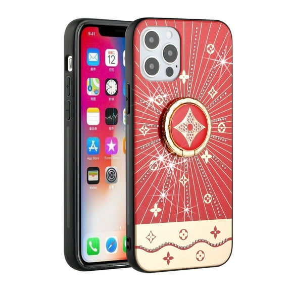 For Apple iPhone 13 Pro Max (6.7") Diamond Bling Sparkly Glitter Ornaments Engraving Hybrid Armor with Ring Stand Cover ,Xpm Phone Case [Red Harmony Rays]