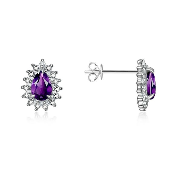 Rylos 14K White Gold Halo Stud Earrings - 6X4MM Pear Shape Amethyst & Sparkling Diamonds - Exquisite Birthstone Jewelry