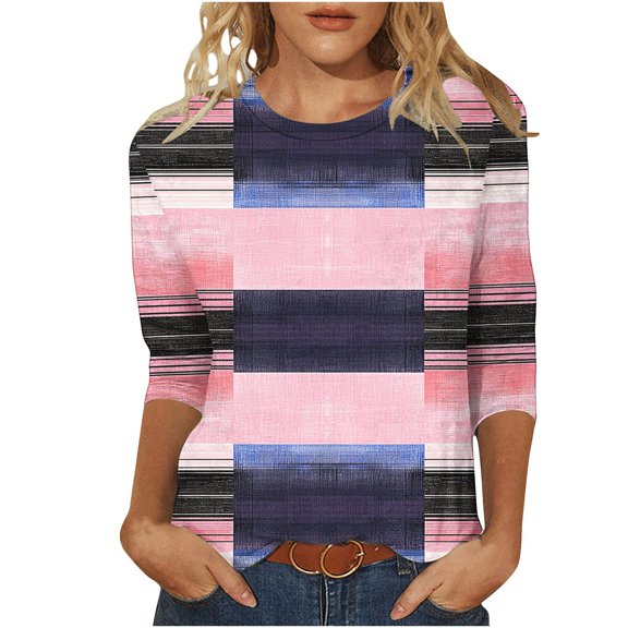 CYMMPU Tunic Tops 3/4 Sleeve Crew Neck Patchwork Loose Fit Summer Fashion Shirts Blouses for Women Dressy Casual Spring Tops Color Block T-Shirts XXXXXL