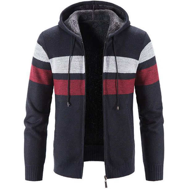 Suéter de punto para hombre, chaqueta con capucha gruesa con forro polar para otoño e invierno, chaqueta a rayas de gran tamaño