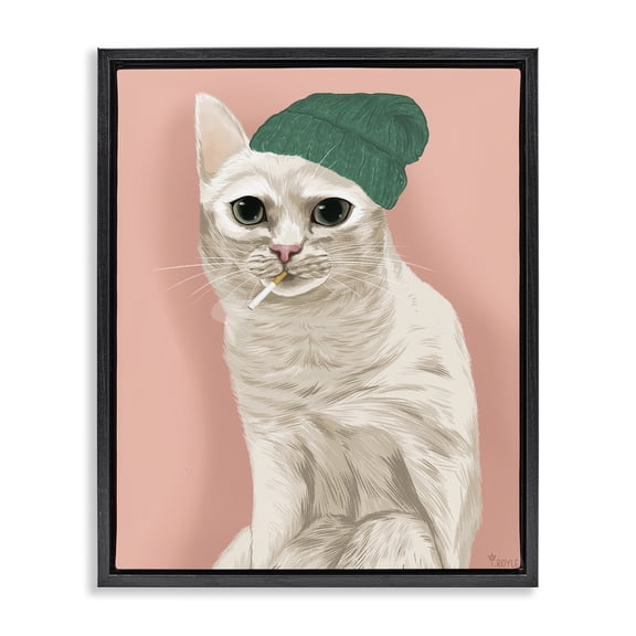 Stupell Industries Hipster Cat with Beanie Animals Painting Black Floater Framed Canvas Art Print Wall Art, 17 x 21