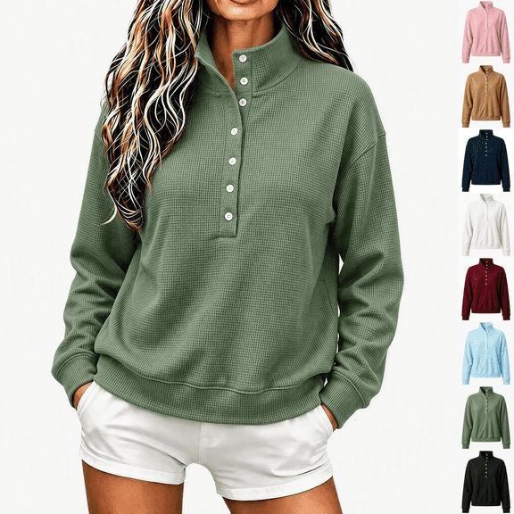 cocolona Stand Collar Sweatshirts for Women Button Down Long Sleeve Pullover Sweatshirts Loose Casual Solid Color Fall Tops