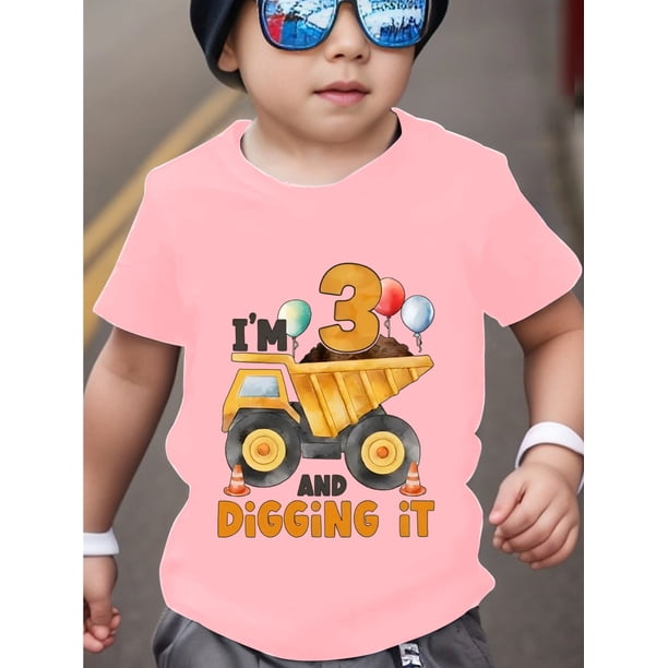 DiGGiNG i T Camiseta infantil con estampado de excavadora para cumpleaños de 3 años, para niños y niñas, para primavera, verano y otoño, informal