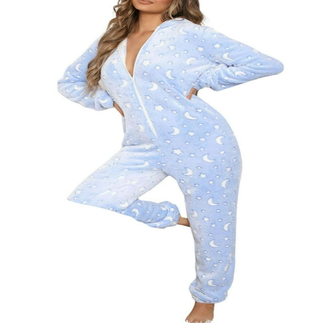 Pyjama de Nuit pour Femmes à Imprimé Floral, Combinaison à Manches Longues avec Capuche et Fermeture Éclair pour Automne Hiver P/M/G/TG