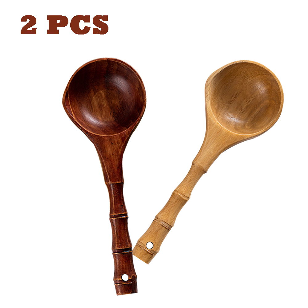 FUSSWIND Wooden Water Ladle Spoon 2 Pcs Long Handle Cooking Spoon for Kitchen Serving Ladle Soup