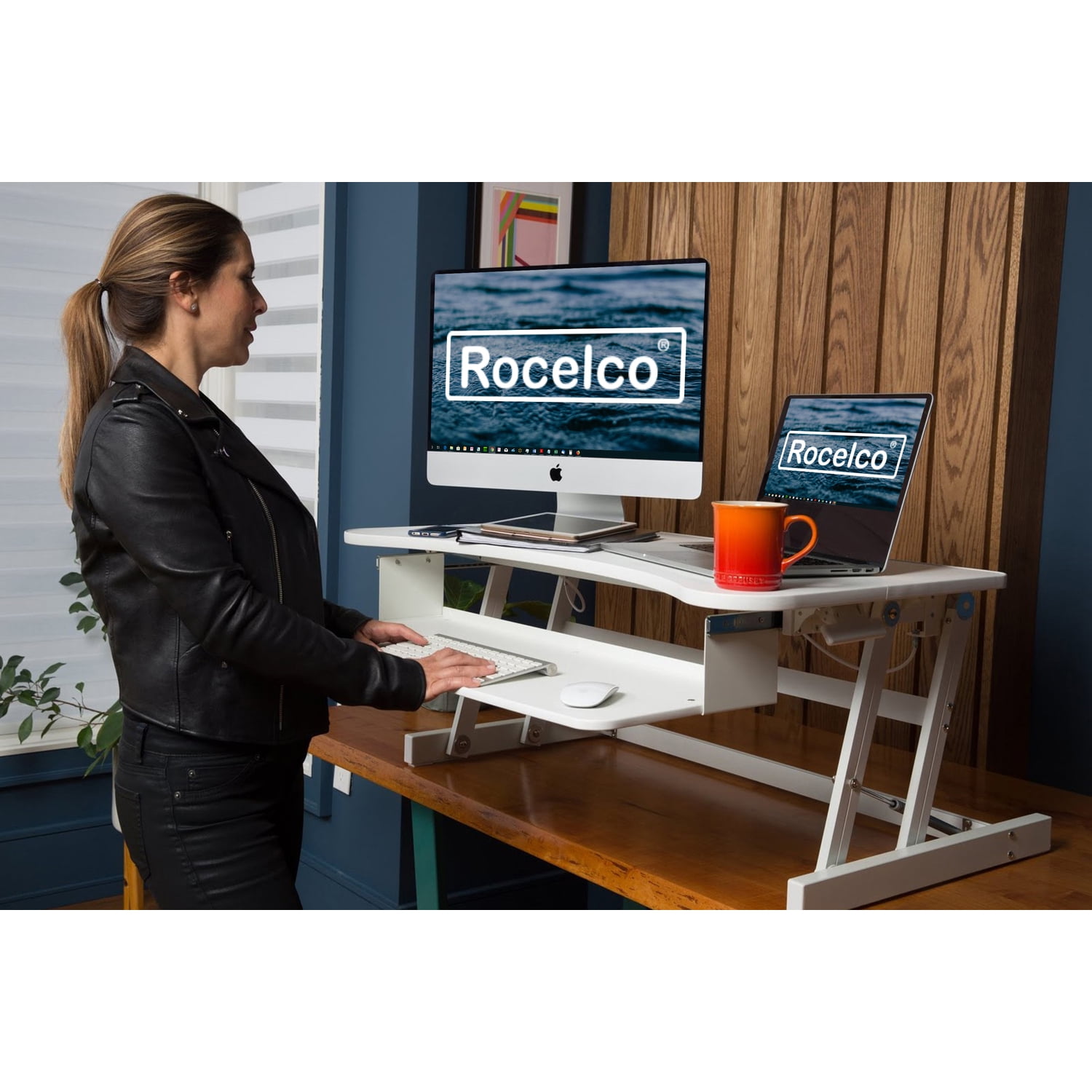Rocelco Standing Desk Converter 37.5 Inch Deluxe Adjustable Riser, White