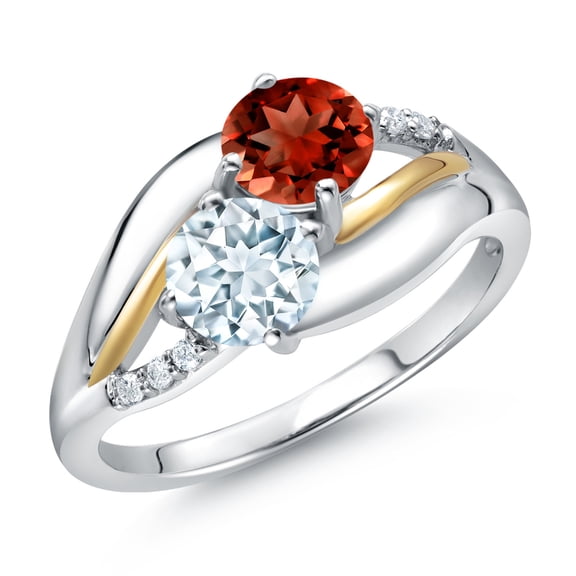 Gem Stone King 925 Sterling Silver and 10K Yellow Gold Sky Blue Aquamarine Red Garnet and Lab Grown Diamond 2 Stone Engagement Ring for Women (1.54 Cttw, Round 5MM, March Birthstone, Size 8)