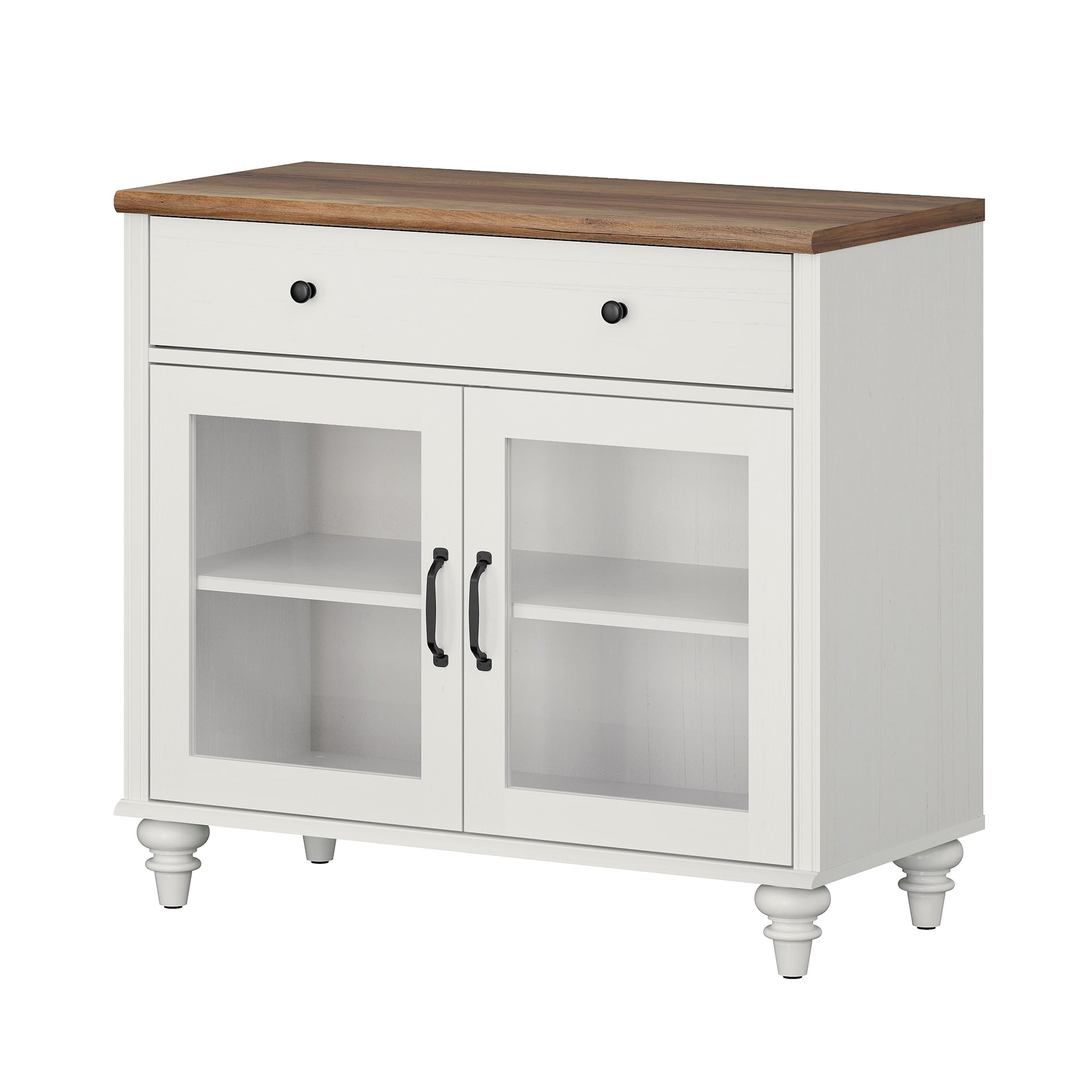 34" White Glass Door Buffet Cabinet with Drawer, Farmhouse Sideboard with Storage