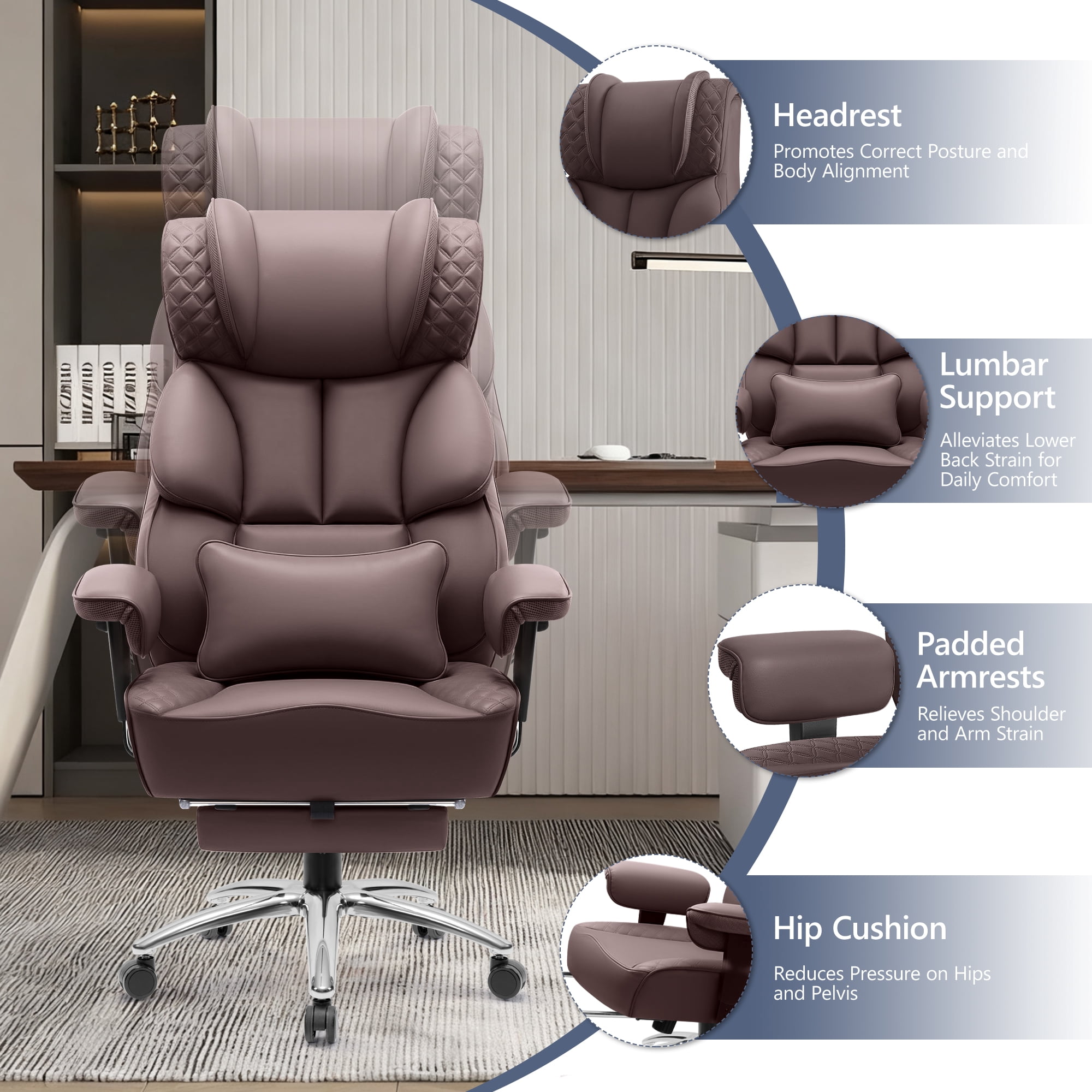 FASTES Office Chair, Big and Tall Desk Chairs 400lbs Gaming Chair with Footrest, Ergonomic Executive High-Back Reclining Computer Chairs, Swivel Rolling Wheels and Lumbar Support, Coffee
