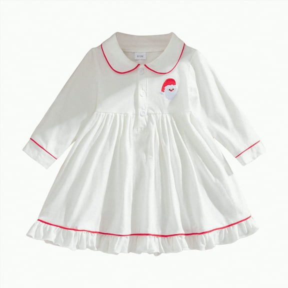 mgoYE Toddler Infant Baby Girl Christmas Outfit Doll Collar Embroidery Smocked Dress Fall Xmas Outfit(White,18-24 Months)