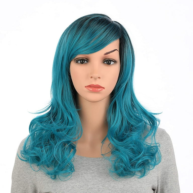 Onedor Full Head Beautiful Long Curly Wave Stunning Wig Charming Curly Costume Wigs with Fringe Teal Blue Ombre 1BTS4728