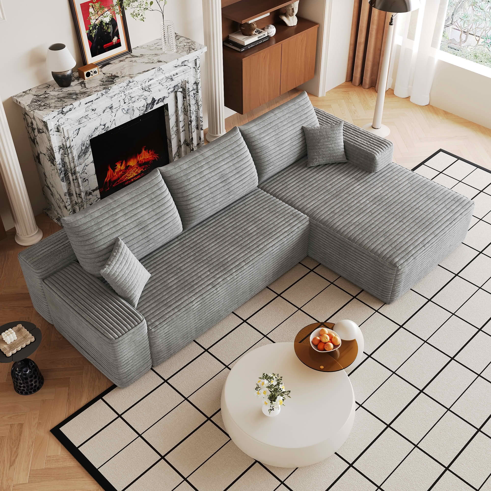 MAYEERTY 107-Inch Gray Plush Corduroy 3-Seat L-Shaped Cloud Modular Sectional Sofa, Deep Seat Couch with Chaise No Assembly Required