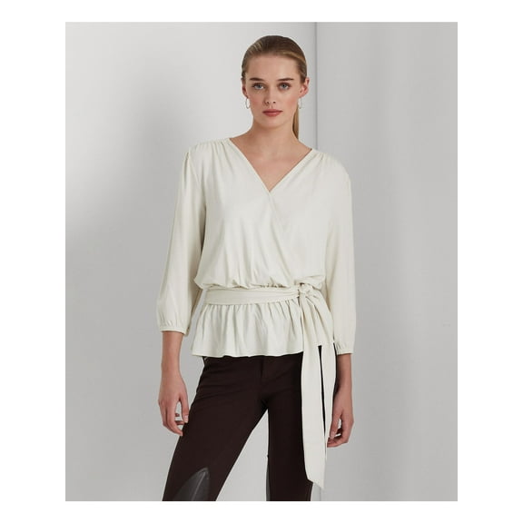 LAUREN RALPH LAUREN Womens Ivory 3/4 Sleeve Surplice Neckline Peplum Top XS
