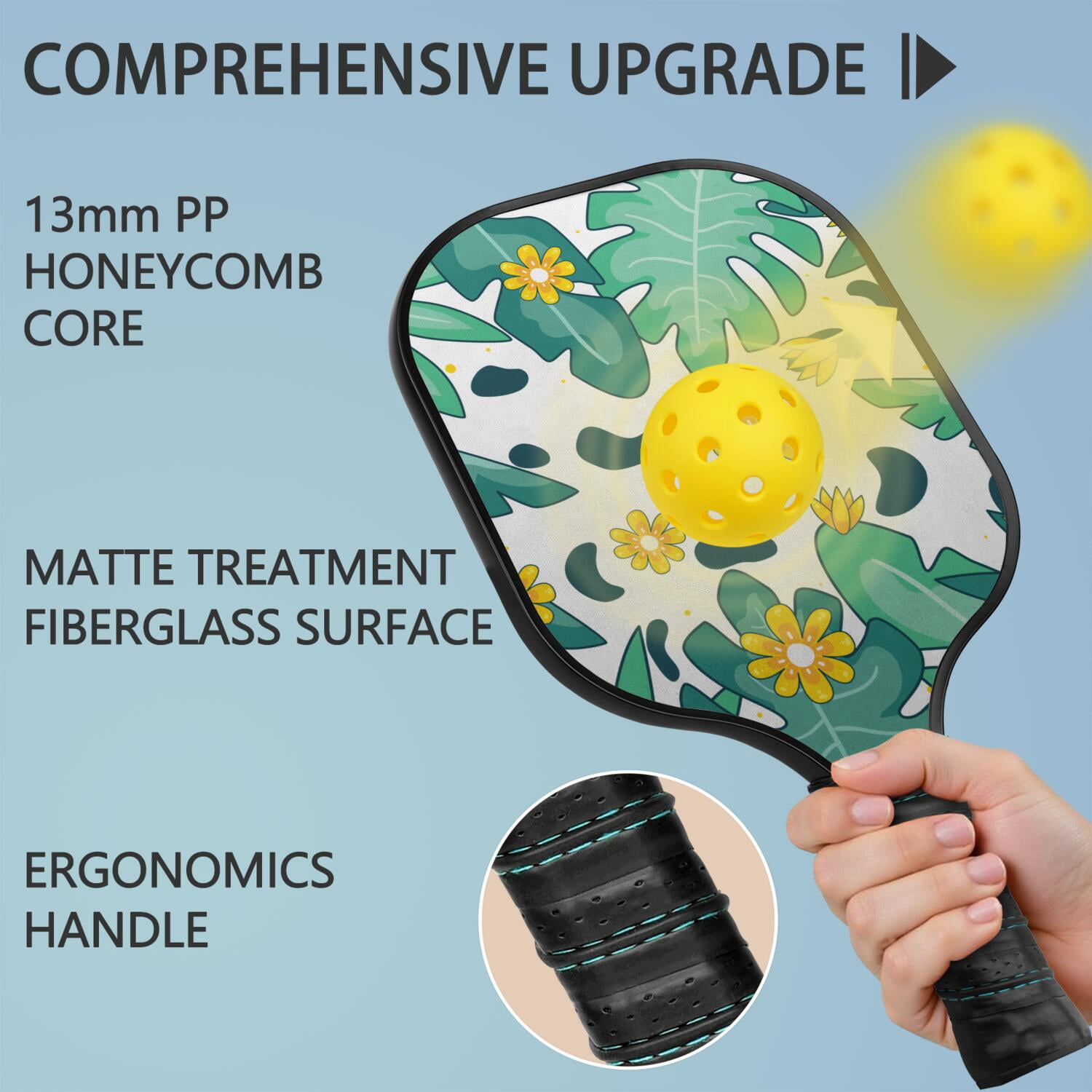 Pickleball Paddles Set Of 2, Fiberglass Surface, Tropical Jungle Print, 4 Balls & Bag