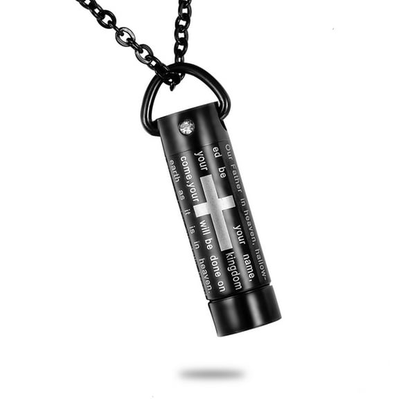 Black Lord's Prayer Cross Cylinder Cremation Jewelry Keepsake Ash Holder Stainless Steel Urn Necklace Unisex