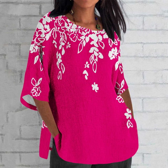 Blouses pour Femmes, Mode Femmes Dames Décontractée Courte Manches 3/4 Imprimée Coton Chemise Ample Blouse Haut
