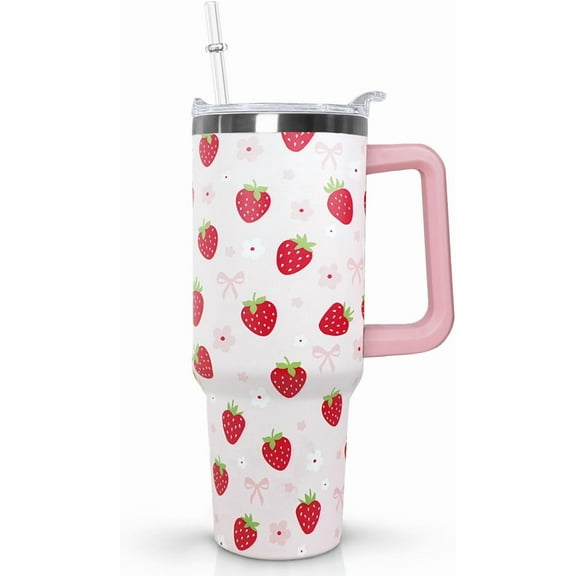 40oz Strawberry Floral Tumbler with Handle, Lid & Straw - Insulated Coffee Mug Water Bottle - Women''s Gift, Strawberry Decor Accessories