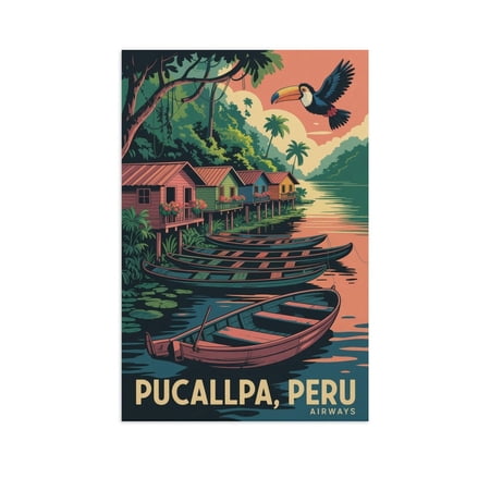 Retro Pucallpa Peru Travel Poster Featuring Boats And Wildlife at Sunset Canvas Poster