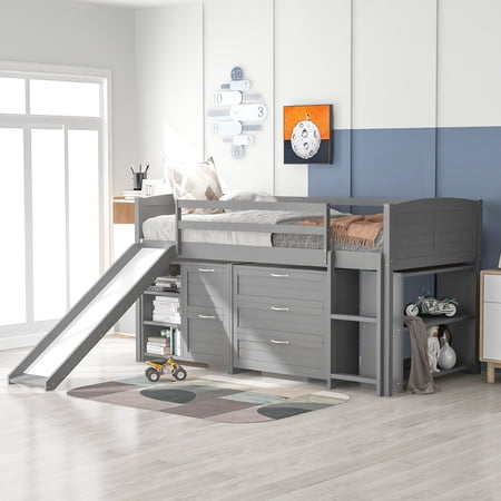 CLEARANCE! Low Twin Size Loft Bed with Cabinets  Shelves and Slide - Gray
