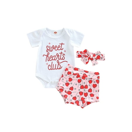 

Girls White Letter Print Romper + Heart Print Shorts + Headband