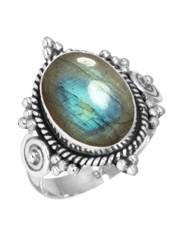 925 Silver Ring For Women - Men Gray Natural Labradorite Stone Silver Ring Size 6 November Birthstone Costume Silver Ring Size 6 Gift For Ladies On Anniversary 925 Silver Jewelry With Gemstone