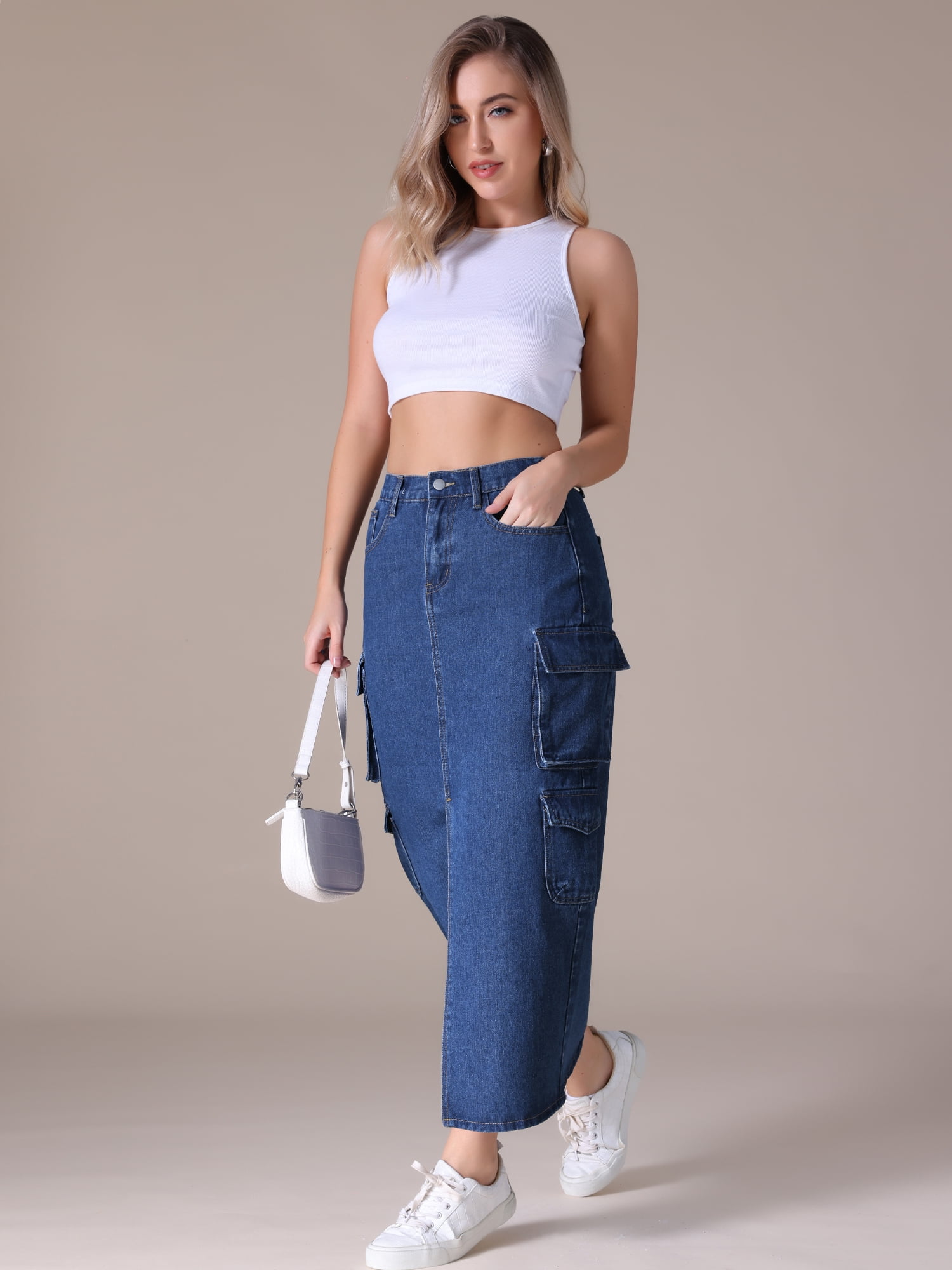 Unique Bargains Women's Front Split Flap Pockets Maxi Denim Skirt S Dark Blue