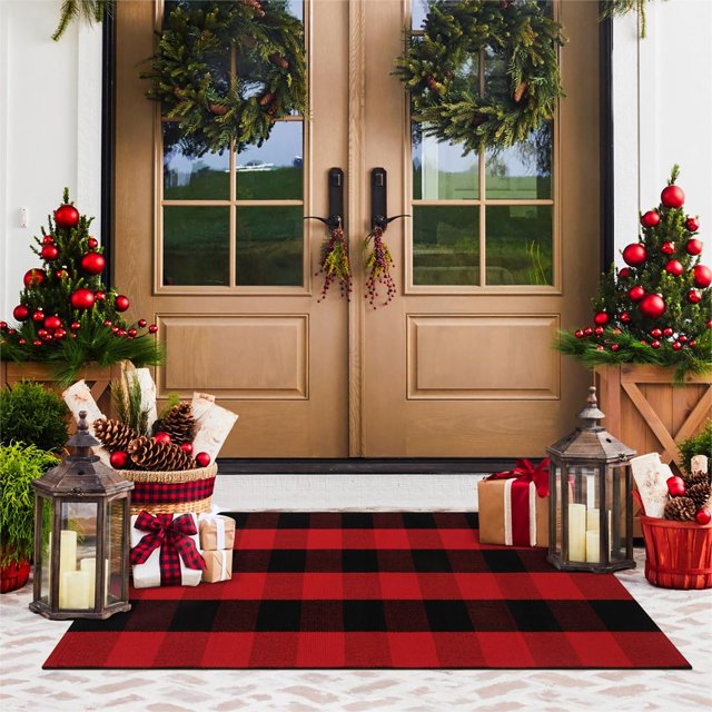 Alfombra de exterior KIMODE Buffalo Plaid Rojo/Negro, 60 x 130 cm, algodón