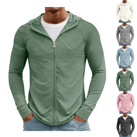 OIOLOYJM Full Zip Hoodies for Men UPF Sun Protection Lightweight Long Sleeve Jacket Breathable Mesh Outdoor UV Performance Fishing Running Hooded Shirt with Pockets Green XL