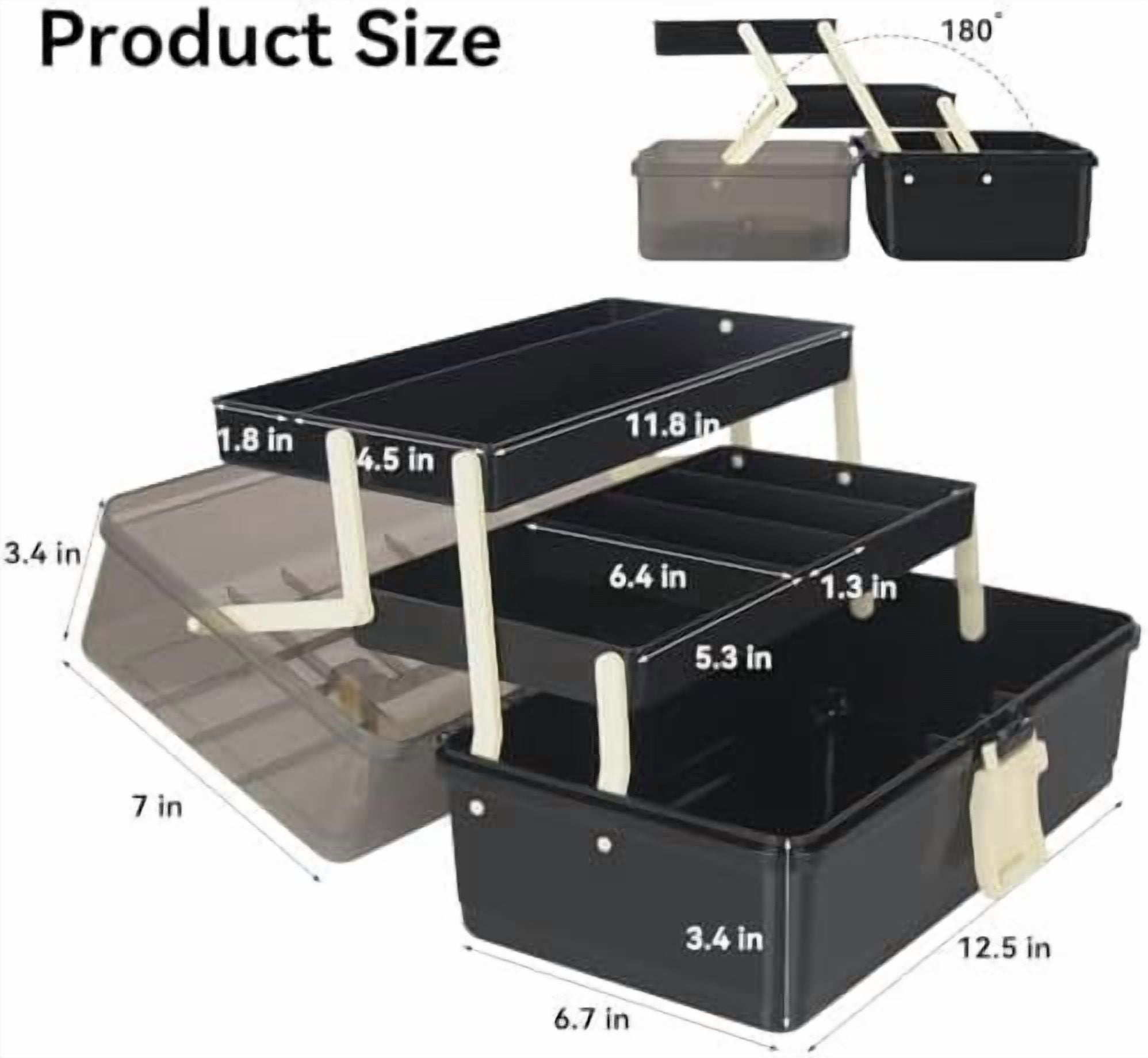 13-Inch Art Storage Box 3-Layers Plastic Storage Box with Handle Craft Art Bin Portable for Home School Office Travel, Black