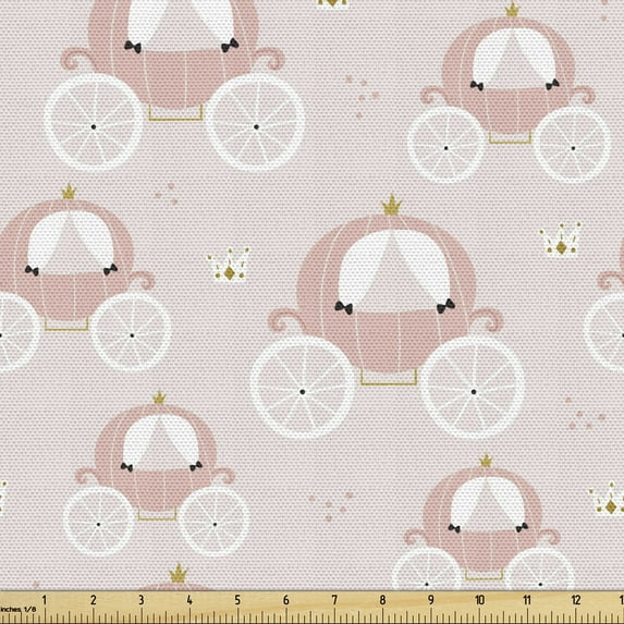 Pastel Fabric by the Yard, Themed Carriage Fiction Shower Girls Cartoon Design, Upholstery Fabric for Dining Chairs Home Decor Accents, Pale Pink White by Ambesonne