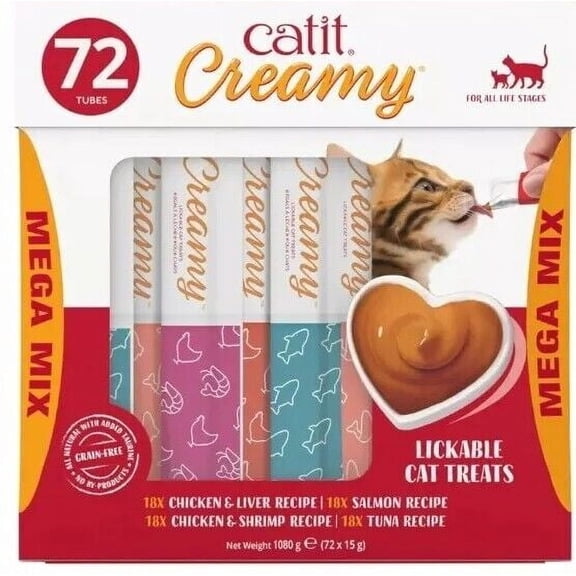 Catit Creamy Lickable Cat Treat Mix Chicken Salmon Shrimp Tuna 72 Tubes 2.38 Lbs