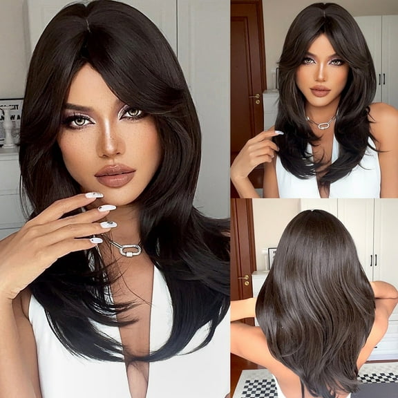 DOPI Human Hair Wigs For Women 24 Inch Black Long Curly Synthetic Wigs For Women Natural Wave Wigs With Bangs Fashionable