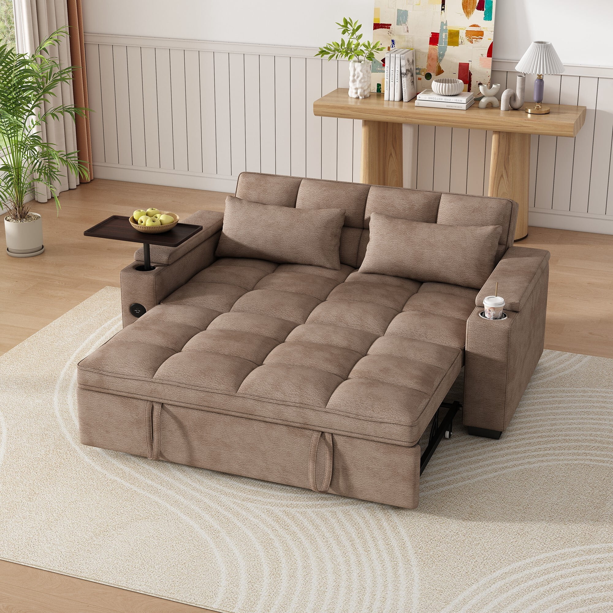 DEALTOPS 65" 3-in-1 Sleeper Sofa Bed, 3-Position Pull Out Couch with 90° Swivel Table, USB & Storage, Chenille, Brown