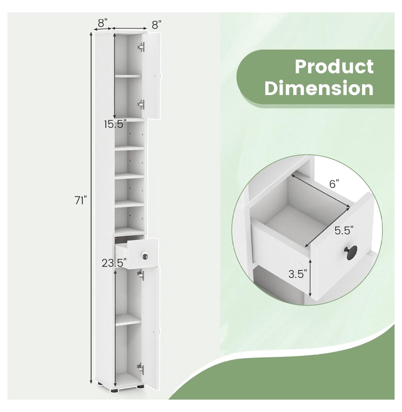 WDZS Tall Slim Bathroom Storage Cabinet, 71" Freestanding Bathroom Cabinet w/ 2 Doors, 1 Drawer & 5 Adjustable Shelves, Floor Narrow Tower Cabinet for Small Spaces, 8" x 8" x 71" (White)