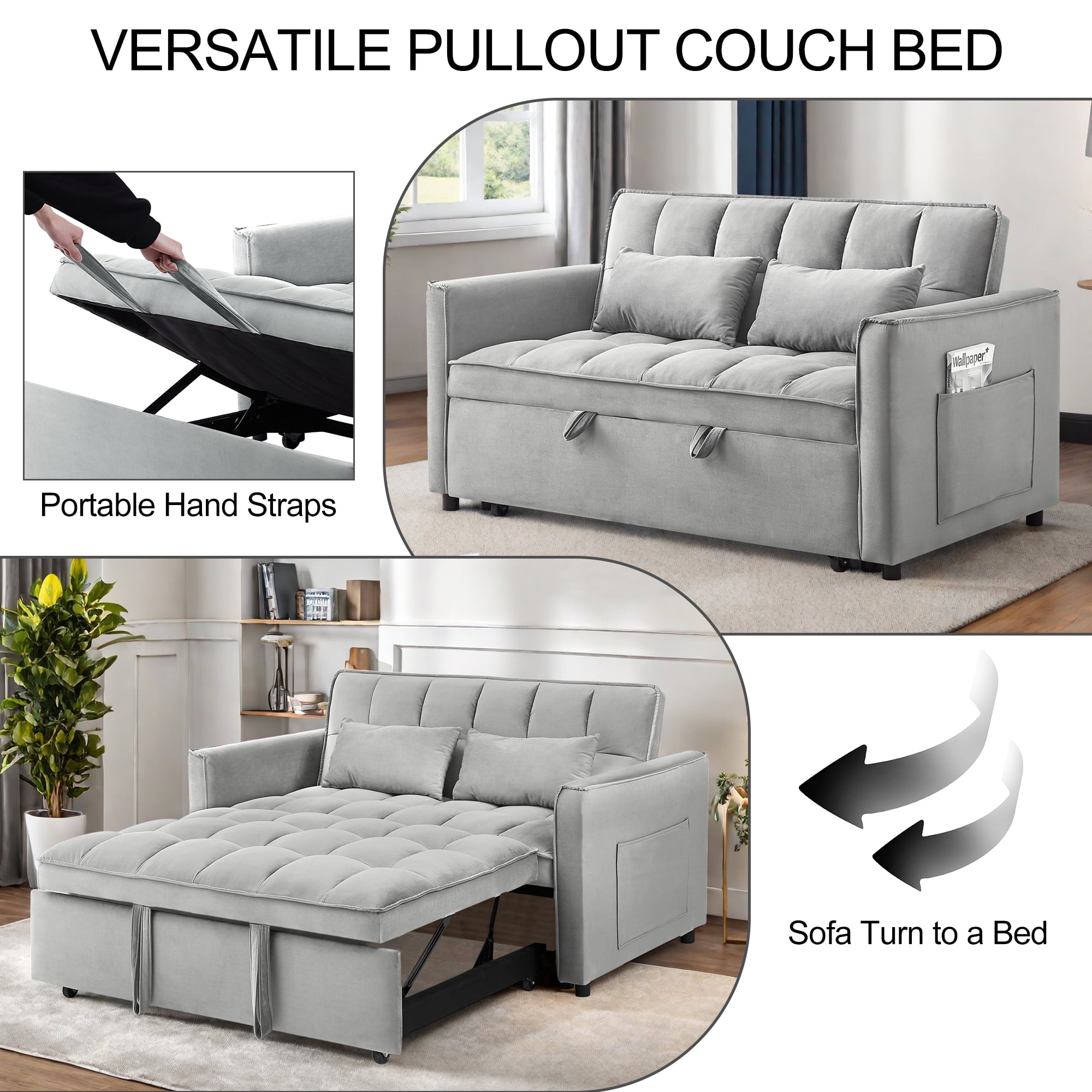 Leumius Convertible Sofa Bed,3 in 1 Sleeper Sofa with Pull Out Bed,Loveseat Couch with Adjustable Backrest for Living Room,Gray