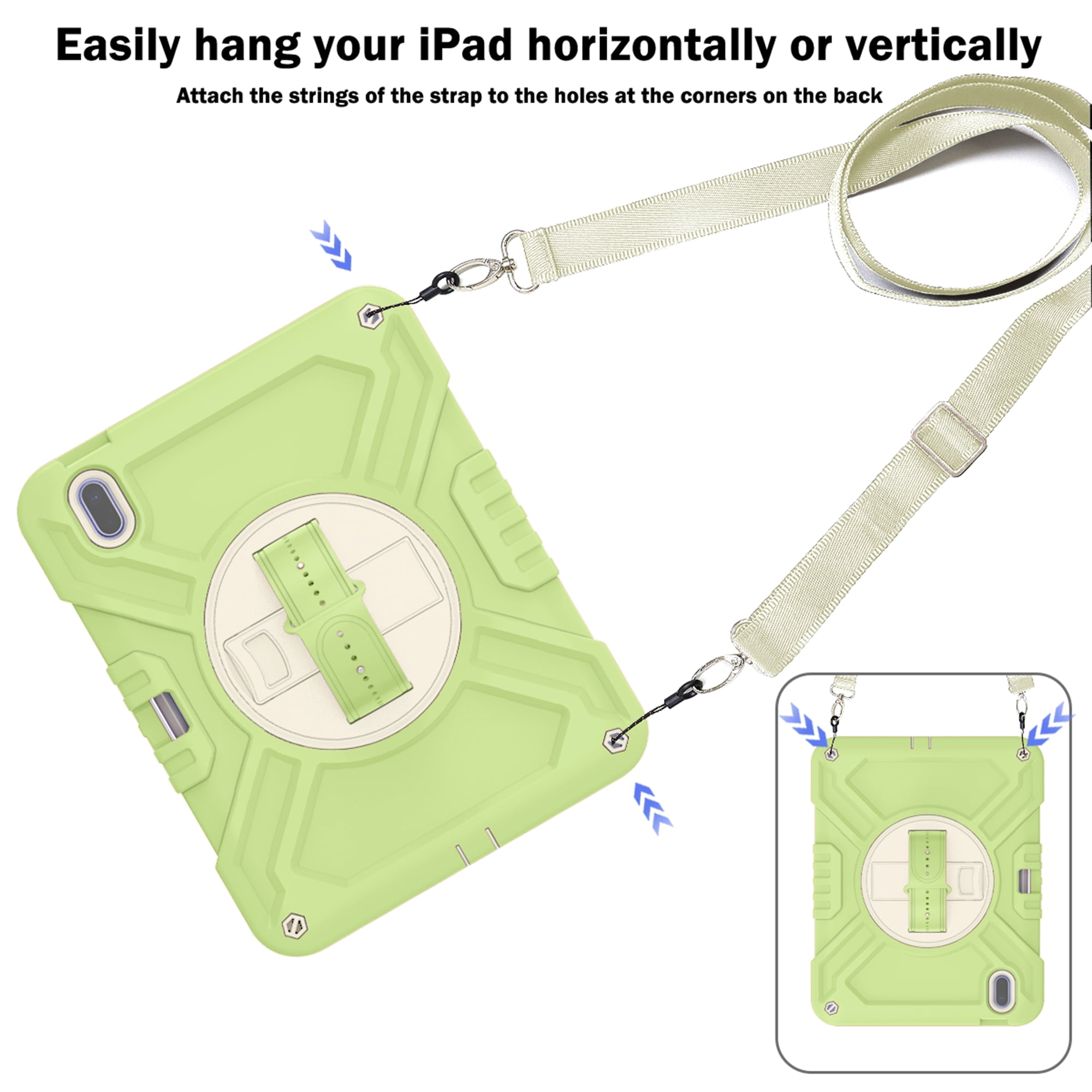 Dteck Kids Case for iPad 10th Generation Case 2022, Military Grade Shockproof Rugged Cover for iPad 10th Gen 10.9 Inch with 360° Swivel Stand - Handle - Shoulder Strap - Pencil Holder,Green White