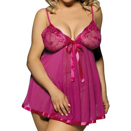

BIZIZA Womens Sexy See Through Bow Plus Size Babydoll Teddy Lace Nightgown Sleepwear Lingerie Hot Pink XXXXXL