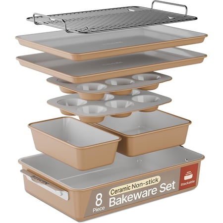 Bakken 8- Stackable Bakeware Set - Ceramic Non- Coating, Baking Sheets, Assorted Baking Pans, PTFE, PFOA & PFOS - Baking, Handles, Cooling Rack, , Oven-Safe