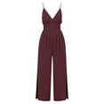 thumbnail image 6 of Women's Cami V Neck Jumpsuits Split Wide Leg Jumpsuit Waist Ruched Full Length Overalls Summer Beachwear Loungewear with Pockets Red L, 6 of 6